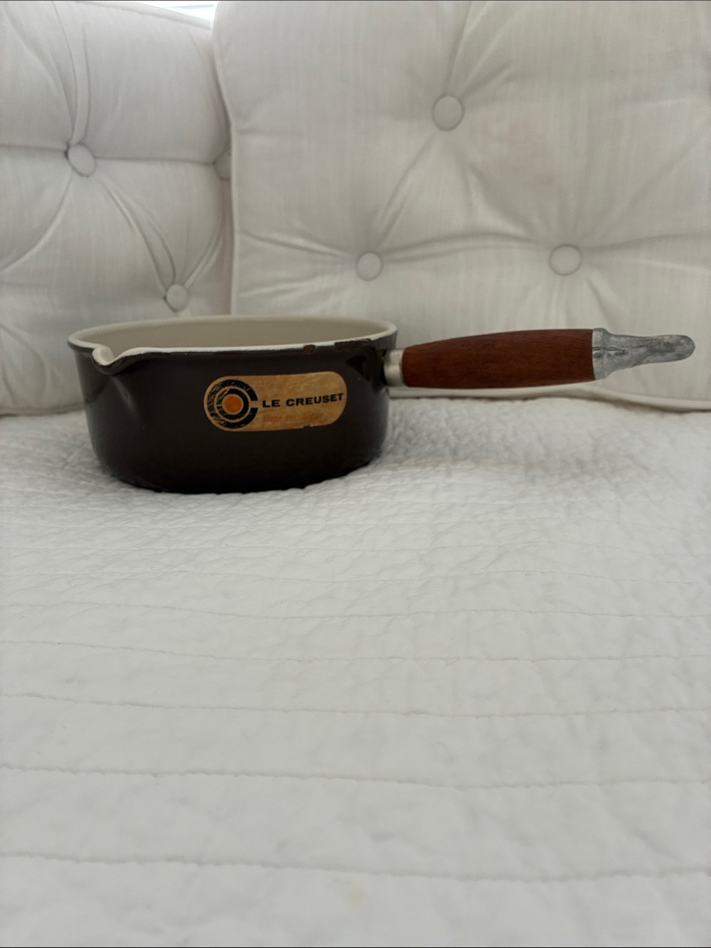 Le Creuset Brown and Cream Enamel Saucepan with Wooden Handle